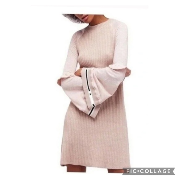 Free People Zou Bizou Bell Sleeve Ribbed Knit Tan Dress Size Small - Picture 2 of 12